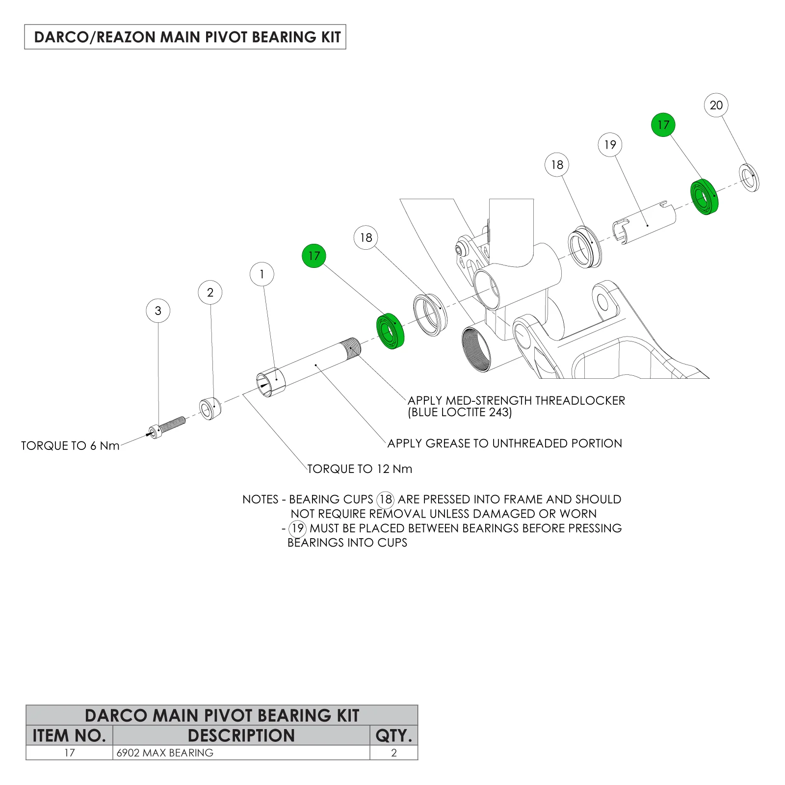Darco/Reazon Main Pivot Bearing Kit